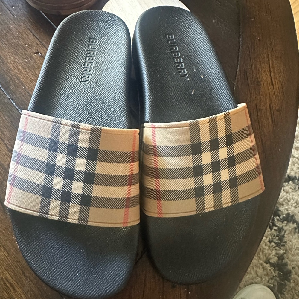 Burberry Black Slides with Plaid Strap